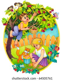 Watercolor illustration of a series of "Children and the seasons". Summer