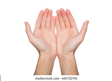 Handen houden, lege holle handpalmen bij elkaar geïsoleerd op studio witte achtergrond - concept van liefdadigheid, ondersteuning, bescherming en zorg, close-up, kopieer ruimte, knipsel