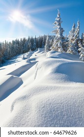 冬の雪に覆われた山腹の吹きだまり、丘の上にあるモミの木、青い空に太陽が輝いています。自然の山の目的地のコンセプトへの旅行をハイキングする美しい自然の冬の休暇アルプス。