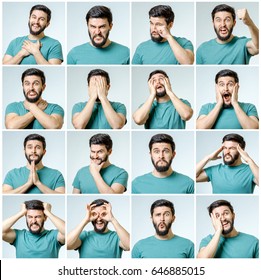 Set of handsome emotional man isolated over gray background