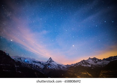 Starry night in Alps, Matterhorn Peak, Zermatt, Switzerland