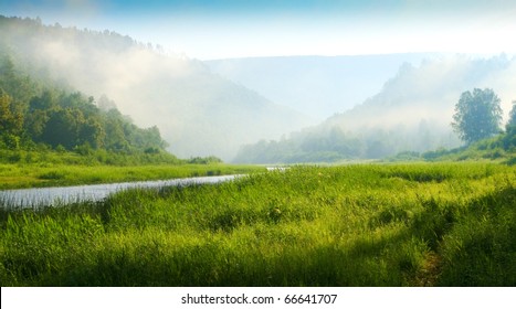 Southern Urals. Mountains and river. Sunrise