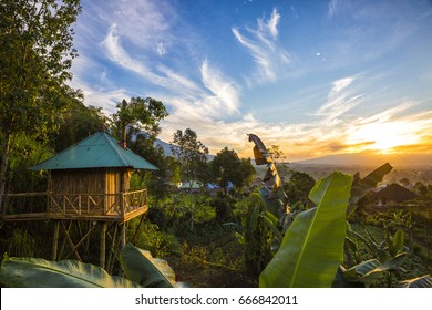 Matahari terbit di atas rumah pohon hutan di tengah pulau Bali, Indonesia