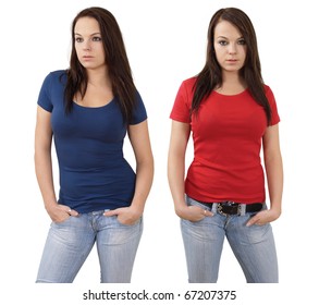 Young beautiful brunette female with blank red shirt and blue shirt. Ready for your design or logo.
