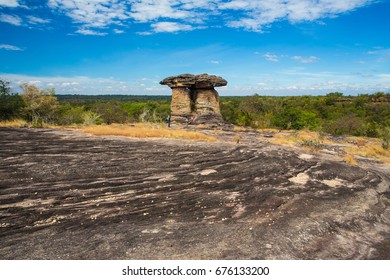 A scenic view of giant mushroom-shaped rock formation known as Sao Chaliang at Ban Pha Chan, Ubon Ratchathani, Thailand