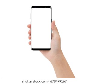 Nahaufnahmehand, die das Telefon lokalisiert auf weißem, leerem Bildschirm des Mock-up-Smartphones berührt, einfache Anpassung mit Beschneidungspfad