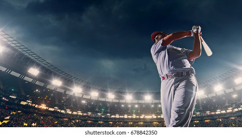 人でいっぱいのプロのスタジアムで、試合中に野球のバッターがボールを打つ。スタジアムは 3D で作られており、群衆がアニメーション化されています。
