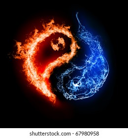火と水の形をした暗い背景の陰と陽のシンボル。2 つの要素の記号。