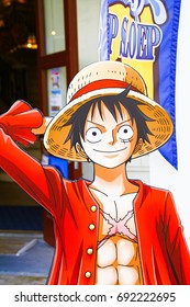 Nagasaki, Japan - May 13, 2013 : Photo of Monkey D.Luffy from Japanese manga and animation One Piece in Nagasaki Huis Ten Bosch. Luffy is the leader of a Straw hat pirate team.