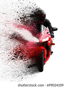 The rider on the red sport motorcycle helmet with a black visor. Shatters into spray. Isolated on white background.