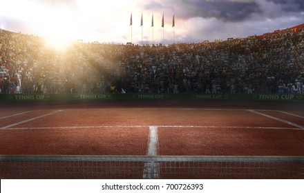 Tennisbaan Stadion rode grond in zonsondergang 3D-rendering