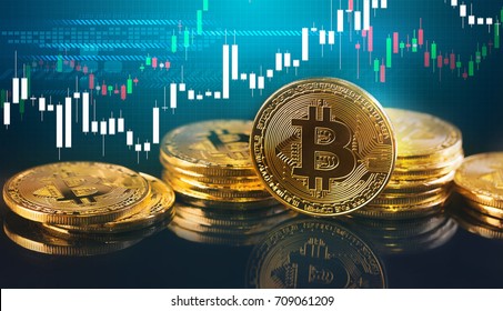 Bitcoins と新しい仮想マネーの概念。キャンドル スティック グラフ チャートとデジタル背景を持つ金 bitcoins.アイコン文字 B.Mining または blockchain 技術と黄金のコイン