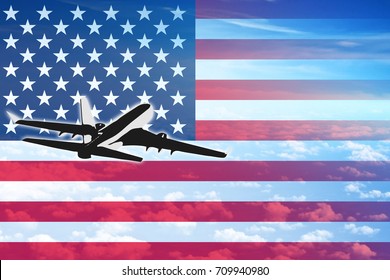 Travel to USA  flag with the silhouette of aircraft for tourism and sale of tickets illustration