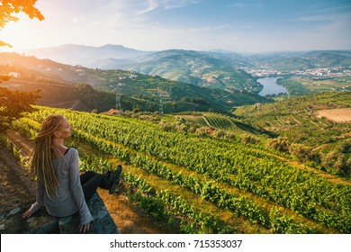 Douro Valley, Portugal. Top view of river, and the vineyards are on a hills.
