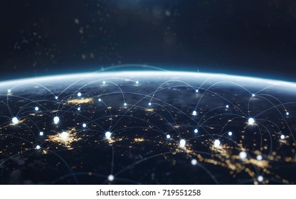 Adatcsere és globális hálózat a világ körül. Föld éjszaka, városi fények a pályáról. A kép elemeit a NASA biztosította.