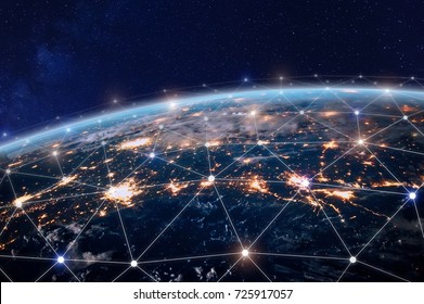 Global world telecommunication network with nodes connected around earth, concept about internet and worldwide communication technology, image from space furnished by NASA