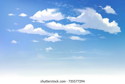 Sunshine blue sky clouds background. Lights clean illustration. Open space Anime style