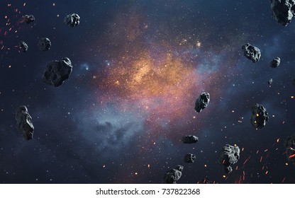 Abstracte kosmische achtergrond met asteroïden en gloeiende sterren. Deep space-afbeelding, sciencefiction-fantasie in hoge resolutie, ideaal voor behang en print. Elementen van deze afbeelding geleverd door NASA