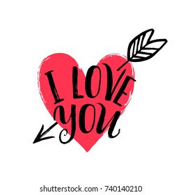 Handgezeichnetes Herz mit Pfeil. Handgeschriebener Satz Ich liebe dich. Vektor-Valentinstag-Karte.