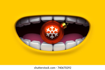 Mouth of character on a yellow background. Mimicry face of a cartoon minion. Children's poster with Christmas and Happy New Year. Poster 3d render.