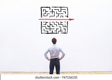 problem and solution concept, business man thinking about exit from complex labyrinth
