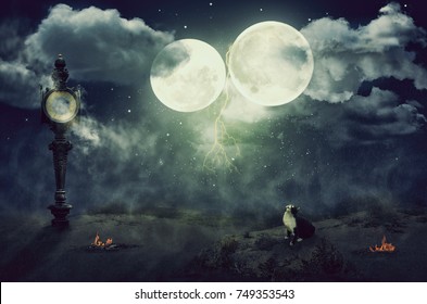 Sternennebeliger Donnerhimmel mit zwei Monden über Nachtwüste. Schwarz-weiße Katze sitzt und blickt darauf auf. Es gibt eine kaputte Straßenuhr auf der linken Seite und zwei kleine Freudenfeuer