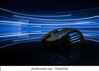 Mouse Game nirkabel profesional pada ekor Cahaya sebagai latar belakang; kontras tinggi