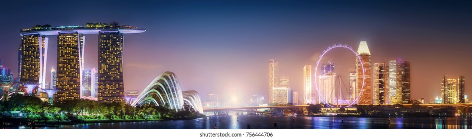 Vibrant panorama background of Singapore skyline at the business bay