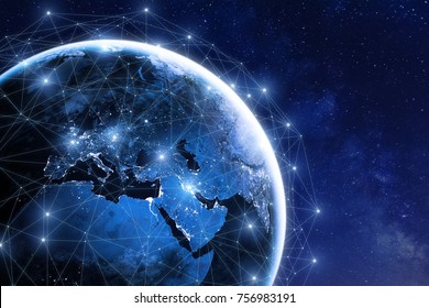 Global communication network around planet Earth in space, worldwide exchange of information by internet and connected satellites for finance, cryptocurrency or IoT technology, image furnished by NASA