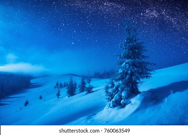Bergtal mit frischem Schnee im Mondlicht bedeckt. Milchstraße in einem Sternenhimmel. Weihnachtswinternacht.