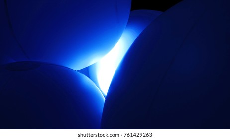 White big balloons, balls and blue light flare color in middle circle like a new future abstract art in sci fi movie scene concept background