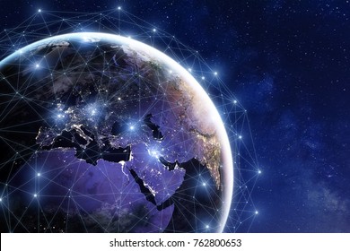 Communication network around Earth used for worldwide international connections for finance, banking, internet, IoT and cryptocurrencies, fintech concept, composition with planet image from NASA
