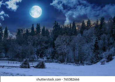 The moon with its magnificent view in the middle of two trees in snowy ...