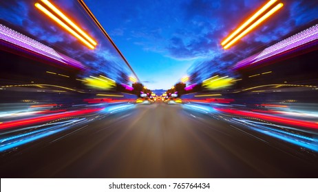 Abstracte achtergrond van hoge snelheid die zich in nachtstad beweegt