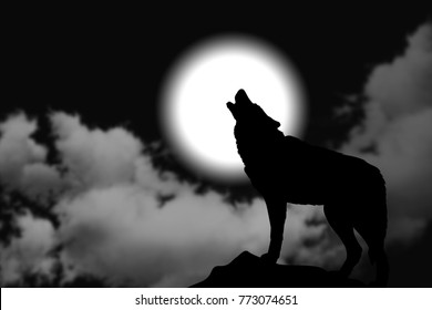 月に吠えるオオカミのシンプルなイラスト
