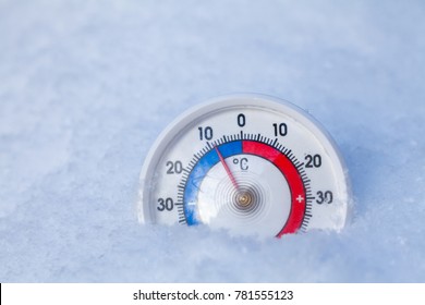 Termometer med celsius-skala placeret i en nysne, der viser temperaturer under nul minus ni grader et koldt vintervejrkoncept