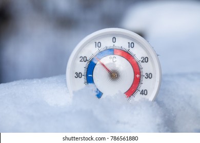 Termometer med celsius-skala placeret i en nysne, der viser temperaturer under nul minus femten grader et koldt vintervejrkoncept