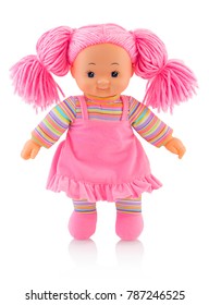 Pinky plushie doll isolated on white background with shadow reflection. Cute pinky rag baby doll on white backdrop.