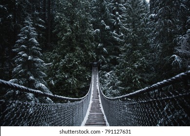 Hangbrug in het bos. Winter Wonderland. Vancouver-natuur. Stille Oceaan in het noordwesten. Sneeuwdag. Het landschap van Vancouver.