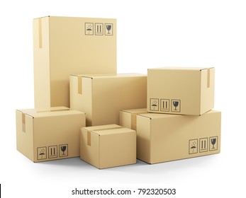 段ボール箱の商品群。3 d の白い背景で隔離のオブジェクト