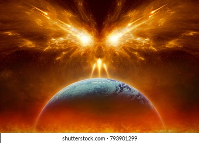 Religiöser apokalyptischer Hintergrund - Jüngster Tag, Ende der Welt, vollständige Zerstörung des Planeten Erde, absolutes Übel, Mächte des Bösen zerstören die Menschheit. Elemente dieses Bildes von der NASA eingerichtet