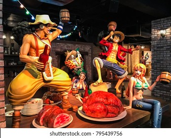 Tokyo Japan - Nov 2017: Visiting Tokyo One Piece Tower theme park, with real-sized model of key characters displayed inside 
