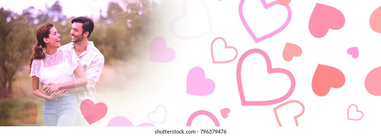 Compuesto digital de pareja con corazones de transición de amor de San Valentín y naturaleza