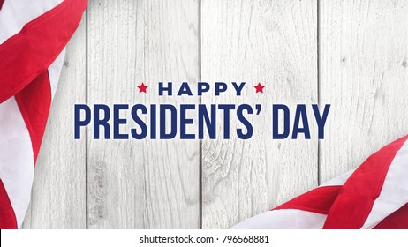 アメリカの国旗のボーダーと苦しめられた白いウッドの背景に幸せな大統領の日タイポグラフィ
