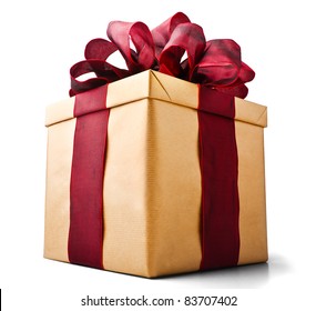 Bellissima scatola regalo con fiocco imponente isolato su bianco (con tracciato di ritaglio)