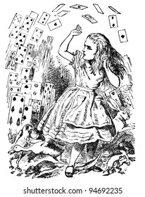Alice en een pak kaarten. Gravure door John Tenniel (Verenigd Koninkrijk, 1872). Illustratie uit boek "" Alice's Adventures in Wonderland ", uitgever" Nauka "Moskou, USSR, 1979