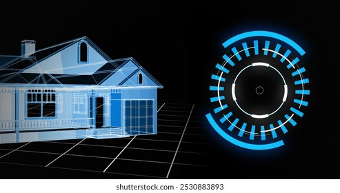 Image of 3d architecture house drawing with scope scanning and data processing. global architecture, technology, data processing and digital interface concept digitally generated image.