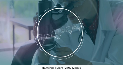 Image of 3d DNA strand spinning with scope and female scientist using microscope in laboratory. Global medicine science research concept digitally generated image. - Powered by Shutterstock - Get 15% off with code: PIKWIZARD15