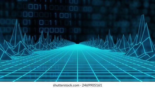 Image of 3d model of grid pattern forming mountain over binary codes against black background. Digitally generated, hologram, illustration, landscape, three dimensional, coding and technology. - Powered by Shutterstock - Get 15% off with code: PIKWIZARD15