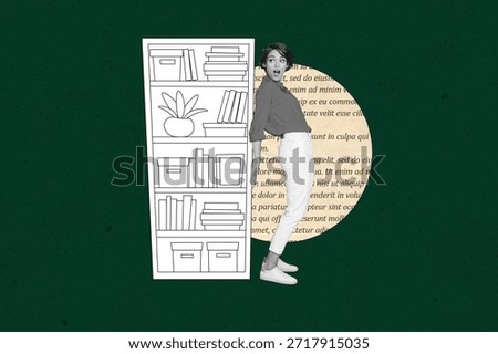 Image 3d poster artwork collage of happy girl guy stand doodle bookshelf interior bookworm library furniture plant book reader.